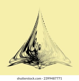 Polarized dotted contour mandala in the shape of palms folded in greeting. Radiation along radii. Lightening the right side with space for copying text. For logos, trademarks, emblems. Vector.