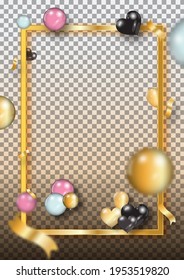 Polaroid birthday photo frame with gold, black and white balloons and gold ribbons. Transparent background.