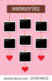 Polaroid frame photo mockup on a rope with clothespins on pink background.Best moment's. Memories.Love,romantic concept. Vector illustration