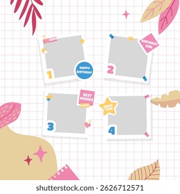 Polaroid Frame template with 4 images in vector, Polaroid Frame for Birthday Girl with Beautiful leaves Background.