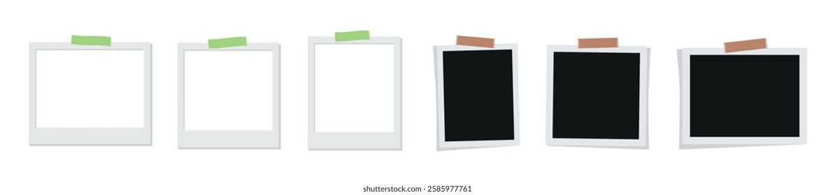 Polaroid photo frames collection. Vector illustrations set. Empty black photo frame mockups fixed with sticky tape