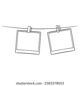 polaroid photo hanging at string illustration hand drawn outline vector