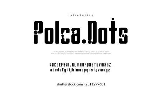 POLCA DOTS Preto bonito polca dots2d alfabeto inglês letras set. Vetor estilo digital elegante futuro. Texto de faixa Hightech com hitech. Design de fonte para tecnologia de títulos de capa