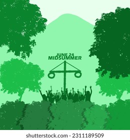 A pole being surrounded by children in a park celebrating midsummer with mountain, tree and bold text to commemorate Midsummer on June 24