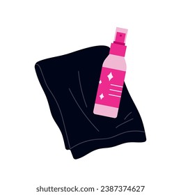 Pole cleaner with microfiber cloth. Pylon cleaning spray. Care, protection against bacteria and cleaning of dance poles and equipments. Vector illustration in cartoon style. Isolated white background.