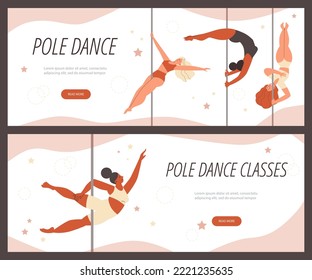 Pole dance classes advertising web banners set, flat vector illustration. Diverse women performing pole dance on vertical pylon. Workout class posters. Concepts of sport and gymnastics.