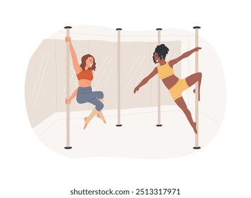 Cursos de dança polar ilustrações isoladas de desenhos animados vetoriais. Garotas atléticas dançam pole no estúdio juntas, atividade física com amigo, performance profissional de desenhos animados vetoriais.