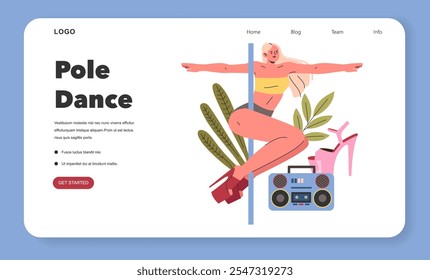 Pole Dance concept. Illustration of a person gracefully performing pole dance surrounded by foliage and a boombox. Artistic fitness and expressive movement. Vector illustration.