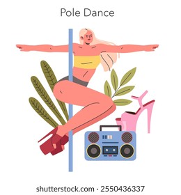 Pole Dance concept. An illustration of a woman exercising pole dance moves, with a boombox and high heels nearby. Fitness Lifestyle and modern dance form. Vector illustration.