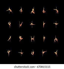 Pole dance dictionary. Gold silhouette set icons on the black background. EPS 10