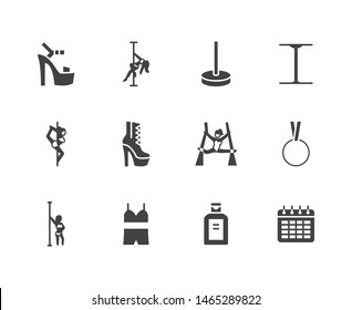 Pole dance flat glyph icons set. Sexy girl dancing, stripper high heels shoe vector illustrations. Black signs for aerial gymnastics school. Silhouette pictogram.