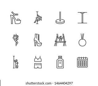 Pole dance flat line icons set. Sexy girl dancing, stripper high heels shoe vector illustrations. Outline signs for aerial gymnastics school. Editable Strokes.