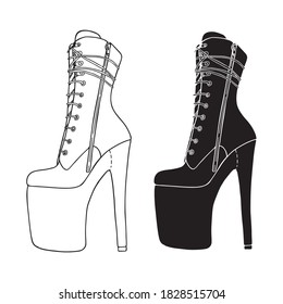 Pole dance high heels boots vector silhouette illustration. Adult dance outline shoes clipart. Cut files shape, cricut drawing.
