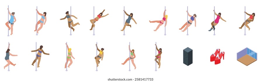  Pole dance icons set. Isometric pole dancers showing various figures and poses on poles, including shoes and dance studio, perfect for nightlife and entertainment projects