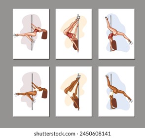 Pole Dance illustration, Pole Dance poses. Pole dancers exercising on pylon. Sport, fitness and gymnastics. Hand drawn vector art work isolated on white background