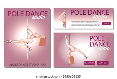 Pole Dance illustration, Pole Dance poses. Pole dance promo banner. Sport, fitness and gymnastics. Hand drawn vector art work isolated on white background