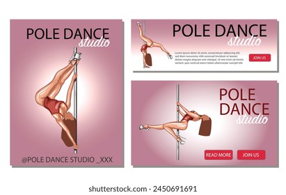 Pole Dance illustration, Pole Dance poses. Pole dance promo banner. Sport, fitness and gymnastics. Hand drawn vector art work isolated on white background