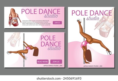 Pole Dance illustration, Pole Dance poses. Pole dance promo banner. Sport, fitness and gymnastics. Hand drawn vector art work isolated on white background