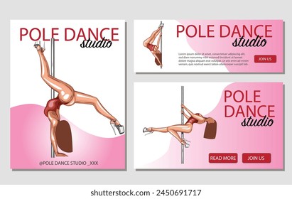 Pole Dance illustration, Pole Dance poses. Pole dance promo banner. Sport, fitness and gymnastics. Hand drawn vector art work isolated on white background