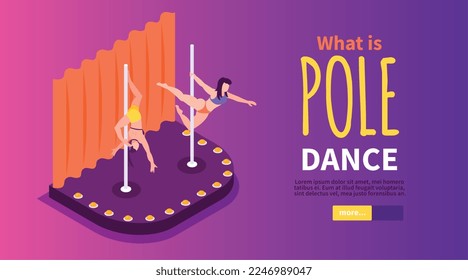 Pole dance isometric horizontal banner with two artists performing on stage 3d vector illustration