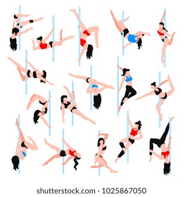 Pole dance isometric icons set with women in various positions in bikini and sportswear isolated vector illustration  