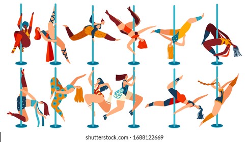 Pole dance people, body positive women cartoon characters isolated on white, vector illustration. Cheerful girls in different poses dancing on pole. Female dancers, flexibility exercise gymnastics set