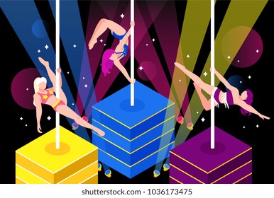 Pole dance performance of girls in bikini in light rays on dark sparking background vector illustration