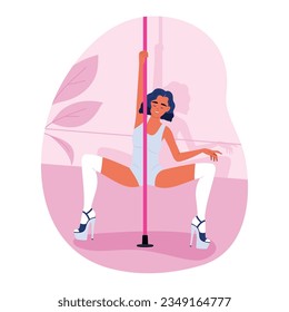 Pole dance performer at a studio. Beautiful young girl dancing on the pylon. Pole dancing, fitness and sport lifestyle. Vector illustration in cartoon style. Isolated white background.	