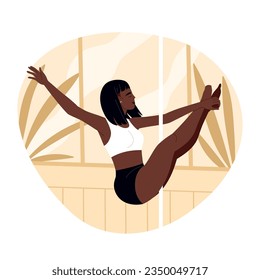 Pole dance performer at a studio. Black girl dancing on the pylon. Pole dancing, fitness and sport lifestyle. Vector illustration in cartoon style. Isolated white background.