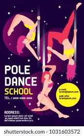 Pole dance school advertising poster with girls in various positions on black sparkling background vector illustration 