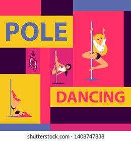 Pole dance school advertising poster with girls in various positions vector illustration. Cartoon strong and graceful females. Sexy girls easily performing complex dance steps on pylon.