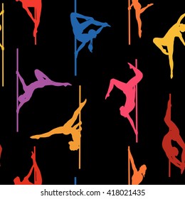 Pole dance seamless hand drawn pattern. Pole dancer's silhouettes. Pole dance background.