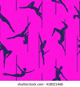 Pole dance seamless hand drawn pattern. Pole dancer's silhouettes. Pole dance background.