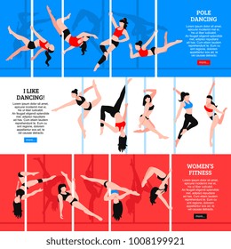 Pole dance set of horizontal banners with girls in various poses isolated on color background vector illustration