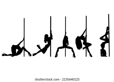 Pole dance silhouette black and white, women show their sexuality and flexibility. Vector illustration. 