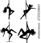 Pole Dance Silhouettes Vector Set - 4 Sexy Female Fitness Dancer Figures Posing on Pole