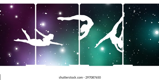 Pole Dance in the Space. Silhouettes of female pole dancers performing pole moves on galactic background.