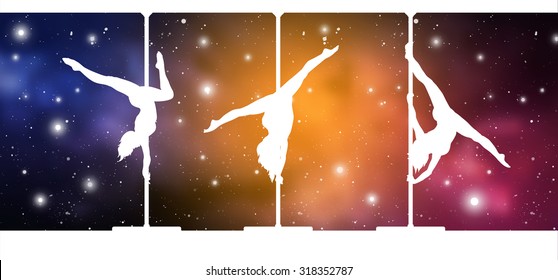 Pole Dance in the Space. Silhouettes of female pole dancers performing pole moves on galactic background.