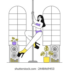 Pole dance woman linear. Dancer with pole, streptesear dancing. Active lifestyle, hobby and leisure. Sexual young girl at heels. Doodle flat vector illustration isolated on white background