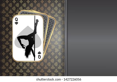 Pole dance.Playing cards on a beautiful background.Queen in poker design