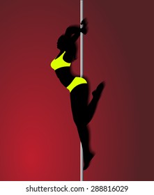 Pole dancer in bright yellow clothes, sexy silhouette on red background.The vector illustration