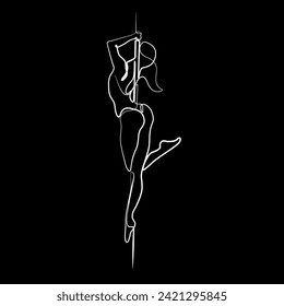 Bailarina de palo, bailarina bailarina hermosa silueta abstracta femenina contínua dibujo de línea, tatuaje, impresión para diseño de ropa y logo, silueta sobre fondo negro, ilustración vectorial aislada.
