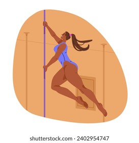 Pole Tänzerin tanzen, Griffstange mit Händen. Sexy starke Frau, glückliches Mädchen, das Poledance-Bewegung, Pose, Karussell-Spin-Bewegung. Flache grafische Vektorgrafik einzeln auf weißem Hintergrund