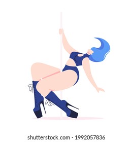 Pole dancer girl dancing in stripper shoes on pylon. Body-positive, love your body. Flat style cartoon character, isolated illustration on white background