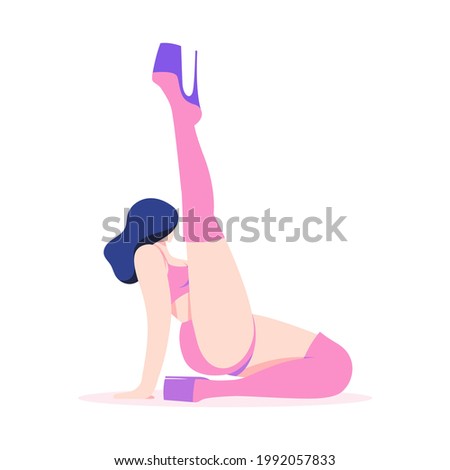 Pole dancer girl dancing in stripper shoes on pylon. Body-positive, love your body. Flat style cartoon character, isolated illustration on white background
