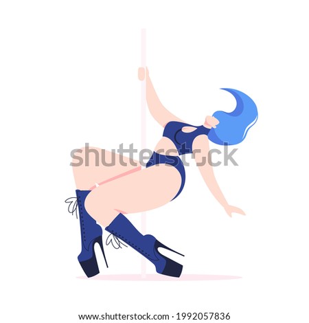 Pole dancer girl dancing in stripper shoes on pylon. Body-positive, love your body. Flat style cartoon character, isolated illustration on white background