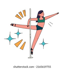 Pole dancer hand drawn flat illustration. Woman cartoon character on the pylon at the dance school isolated on white background. Minimal vector drawing.