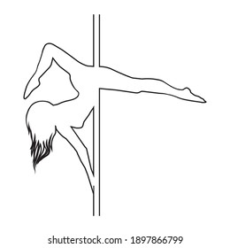 Pole dancer with long hair hanging upside down on a pole on a white background. Vector, illustration.