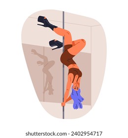 Bailarina de polo bailando danza erótica sexy, pose retorcida en el bar. Chica en poledancia mudándose, colgando boca abajo. Mujer joven con zapatos de tacón alto. Ilustración vectorial plana aislada en fondo blanco