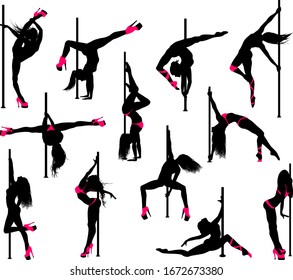 Pole dancer silhouettes isolated on a white. Vector set.